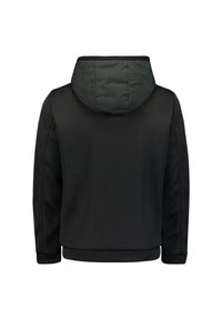 Zwarte lange mouwen hoodie met gestructureerde stof en gewatteerde donkergroene capuchon, gezien vanaf de achterkant op een witte achtergrond.
