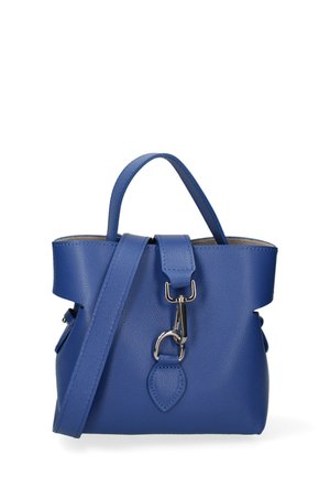 Sac à main en cuir bleu avec un design structuré, des poignées supérieures, une bandoulière amovible et des accents en métal argenté. Finition texturée.