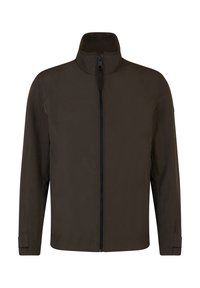 Braune synthetische Jacke mit hohem Kragen, vollem Reißverschluss und langen Ärmeln. Merkmale sind elegante Nähte und ein minimalistisches Design.