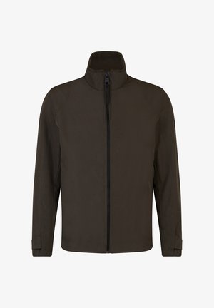 Bruine synthetische jas met een hoge kraag, een volledige rits en lange mouwen. Heeft strakke naden en een minimalistisch ontwerp.