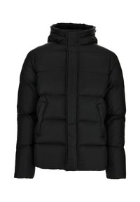 Chaqueta de invierno acolchada negra con cuello alto, bolsillos delanteros y cierre con cremallera oculta bajo solapa, diseñada para clima frío.