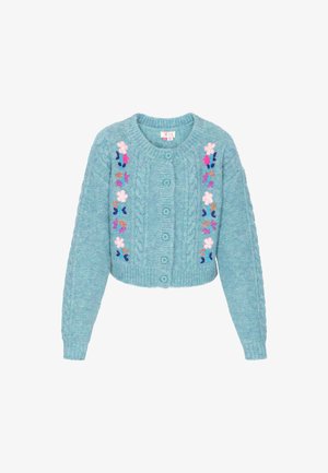 Gekürzter, hellblauer Cardigan mit Kabelstrickmuster, verziert mit floraler Stickerei in Pink, Lila und Orange. Sechs Knöpfe auf der Vorderseite.