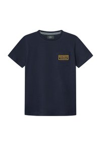 Námornícka bavlnená tričko s krátkymi rukávmi, okrúhlym výstrihom, s vreckom na ľavej hrudi so žltým a čiernym logom Hackett Velospeed.