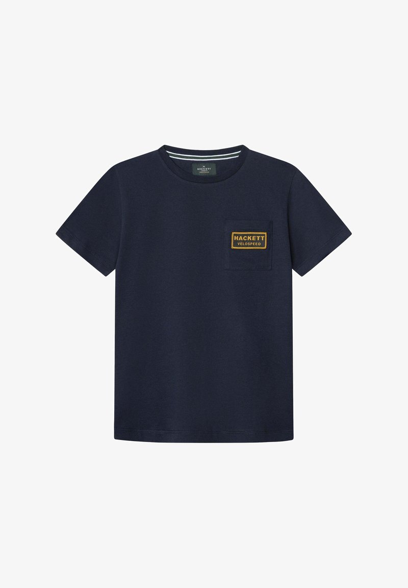Námornícka bavlnená tričko s krátkymi rukávmi, okrúhlym výstrihom, s vreckom na ľavej hrudi so žltým a čiernym logom Hackett Velospeed.