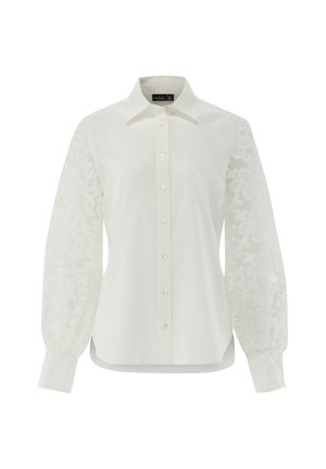 Weißes Hemd mit klassischem Kragen, voll-langen bestickten durchsichtigen Ärmeln und Knopfverschluss vorne. Sanfte Textur; leichter Glanz.