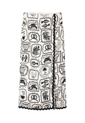 White midi skirt with black framed illustrations of fish, pretzels, plants, and pottery, featuring black wavy trim along the front and hem.