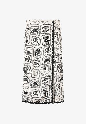 White midi skirt with black framed illustrations of fish, pretzels, plants, and pottery, featuring black wavy trim along the front and hem.