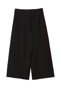 Schwarze Culottes aus glattem Stoff, mit weitem Bein design, unauffälligen Falten an der Vorderseite und einem mittelhohen Taillenbund mit seitlichem Reißverschluss.
