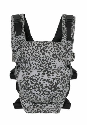 Adjustable grey and black spotted baby carrier with padded shoulder straps and secure buckles.