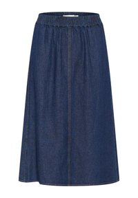 Jeanskjol med elastisk midja, knälång, mörkblå färg, med subtila sömnadsdetaljer och en lös passform.