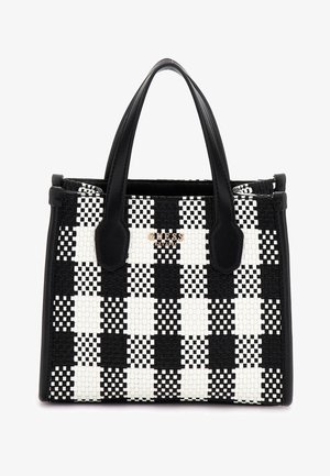Sac tissé noir et blanc à carreaux avec des accents et des poignées en cuir noir. Présente le logo de la marque en or rose sur le devant.