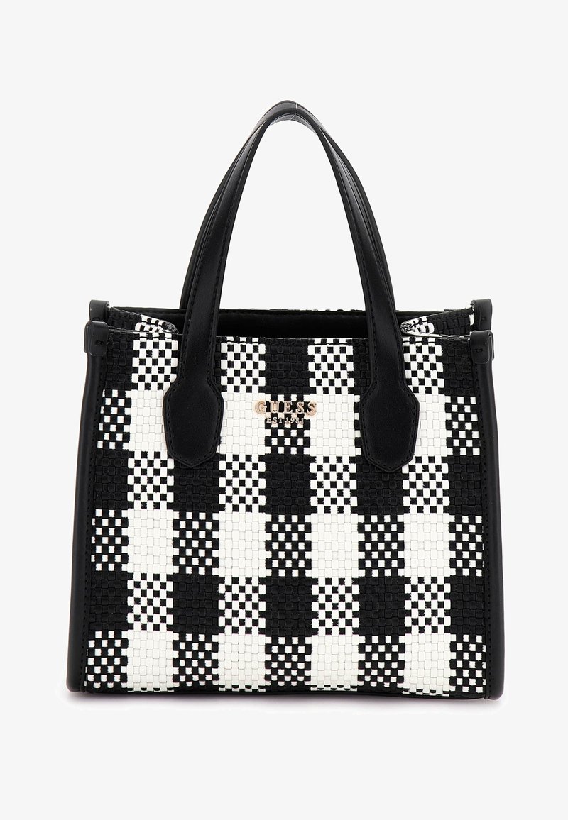 Sac tissé noir et blanc à carreaux avec des accents et des poignées en cuir noir. Présente le logo de la marque en or rose sur le devant.