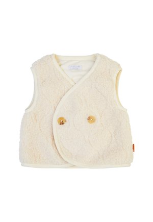 Cremfarbener Fleece-Weste mit quilteter Textur, Wickeldesign und zwei Holzknopf-Akzenten auf der Vorderseite. Ohne Ärmel, weiches Innenfutter.