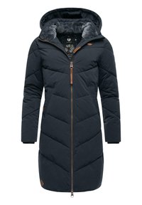 Navy blue puffer coat with a hood, zippered front, and textured interior lining. Features chevron stitching and brown leather accents.