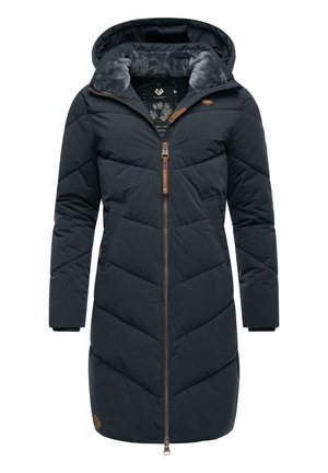 Navy blue puffer coat with a hood, zippered front, and textured interior lining. Features chevron stitching and brown leather accents.
