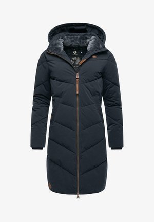 Navy blue puffer coat with a hood, zippered front, and textured interior lining. Features chevron stitching and brown leather accents.
