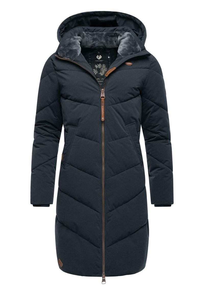Navy blue puffer coat with a hood, zippered front, and textured interior lining. Features chevron stitching and brown leather accents.