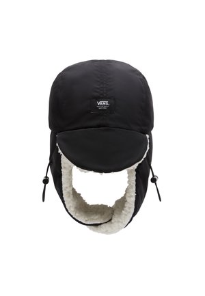 Schwarze Vans Winter-Trapper-Mütze mit Futter aus Fleece, Ohrklappen, verstellbaren Kordeln und "Off The Wall" Logo-Patch vorne.