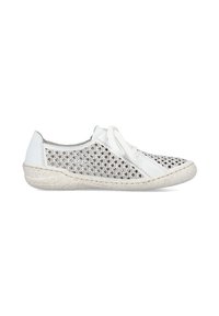 White mesh sneaker with a patterned silver upper, smooth leather accents, and a speckled rubber sole. Features lace closure and round shape.