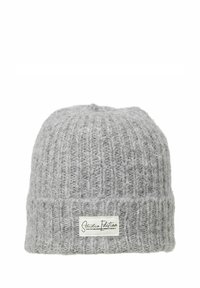 Hallitseva halli kudumine beanie pehme villast, ribitud tekstuuriga, volditud varrukaga ja väikese sildiga ees.