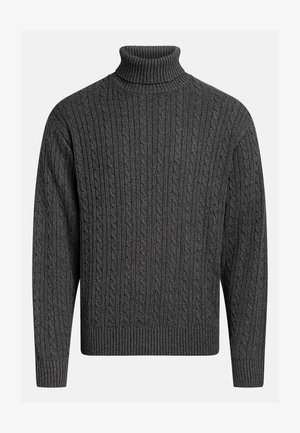 Tamsiai pilkas kabeliniu mezgimu megztinis su aukštu kaklu ir banguota apdaila, pasižymintis tekstūrine struktūra, einančia vertikaliai per kūną ir rankoves.