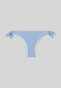 Bas de bikini rayé bleu et blanc avec liens sur les côtés, présentant une texture lisse et un design taille basse.