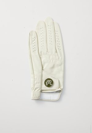 Skórzana rękawiczka golfowa w kremowym kolorze, z perforowanymi palcami, wyściełaną dłonią i okrąłym zielonym akcentem logo na nadgarstku.