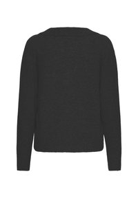 Pull en maille gris foncé avec des manches longues, un col rond et une coupe courte. Texture lisse et design minimaliste.