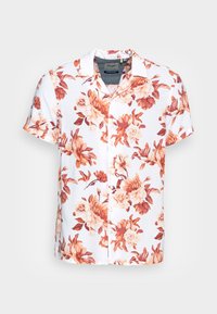 Camicia a maniche corte con bottoni di colore bianco, decorata da ampi motivi floreali arancioni e rosa. Presenta un collo classico e una texture di tessuto liscia.