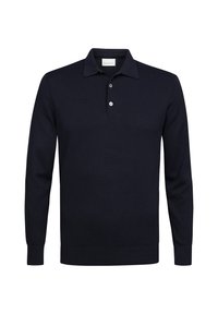 Navyblaues langärmliges Polohemd aus weichem Stoff, mit einer Knopfleiste mit zwei Knöpfen, flachem Kragen und gerippten Bündchen. Einfaches, klassisches Design.