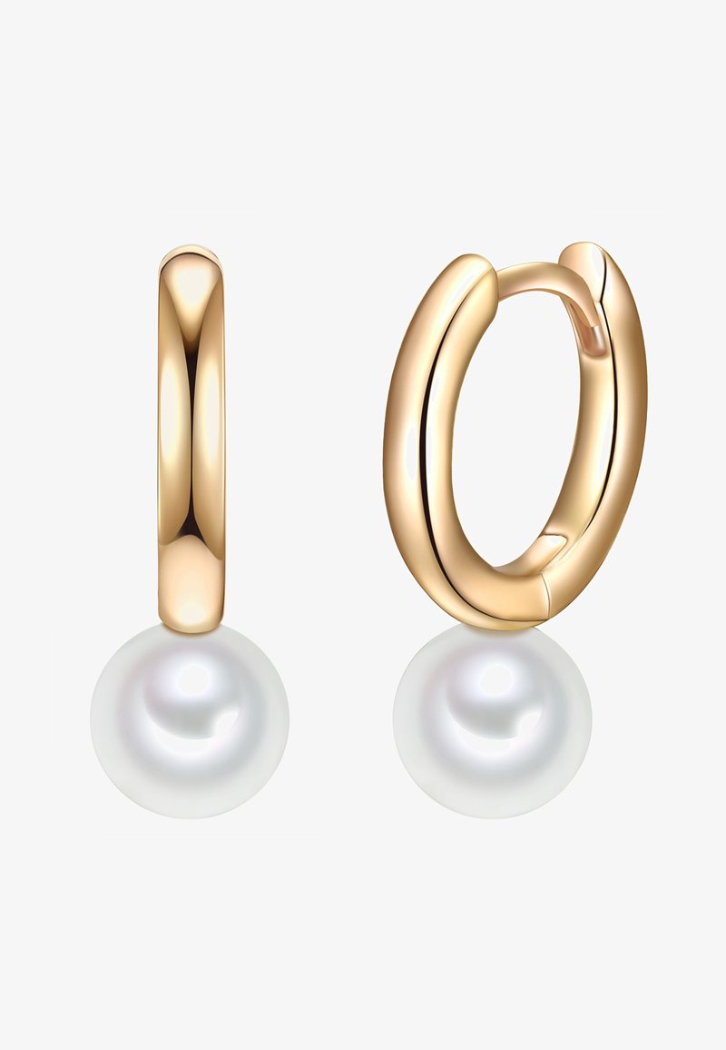 Auksiniai auskarai su lygiu paviršiumi, su baltu perlo lašu. Dizainas paprastas, su poliruotu, blizgiu paviršiumi.