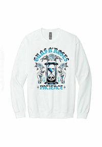 Weißes Sweatshirt mit grafischem Design einer Sanduhr und Rosen. Der Text lautet "GUNS N' ROSES PATIENCE" in Blau und Schwarz.