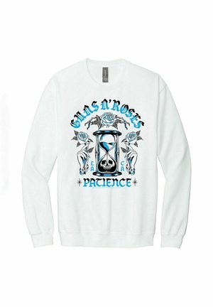 Hvid sweatshirt med grafisk design af et timeglas og roser. Teksten lyder "GUNS N' ROSES PATIENCE" i blå og sort.