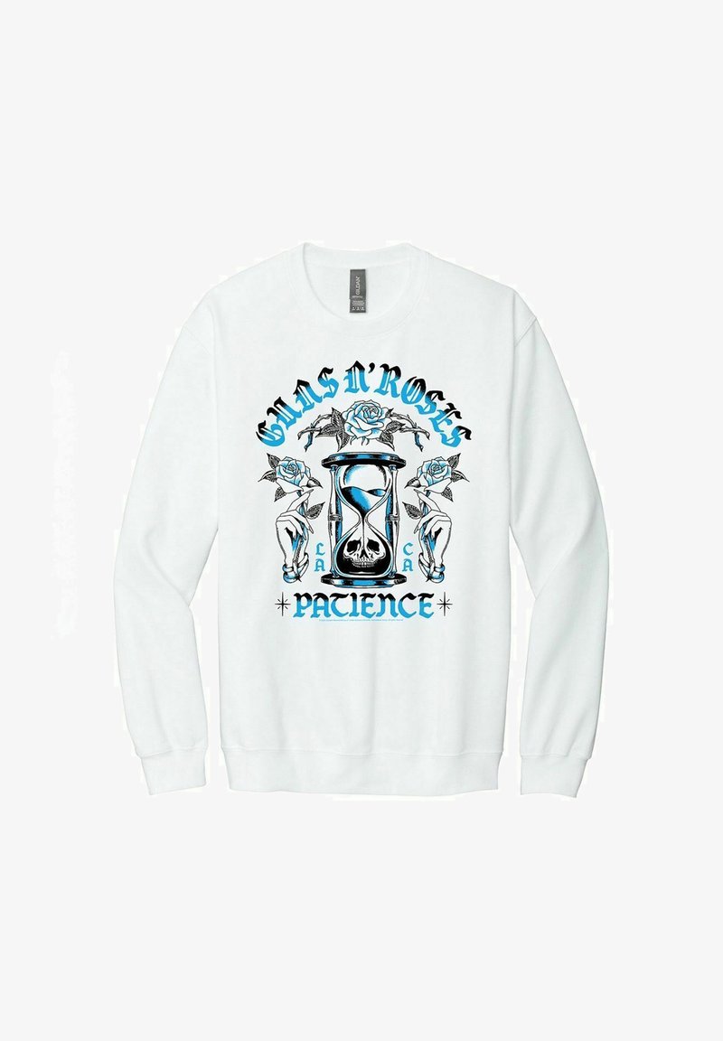 Valkoinen collegepaita, jossa on grafiikka tiimalasista ja ruusuista. Teksti kuuluu "GUNS N' ROSES PATIENCE" sinisellä ja mustalla.