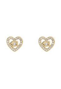 Gold heart-shaped earrings with a central stone and a border of clear rhinestones. Smooth finish with polished accents.