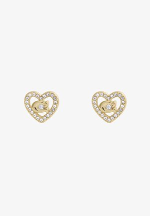 Gold heart-shaped earrings with a central stone and a border of clear rhinestones. Smooth finish with polished accents.