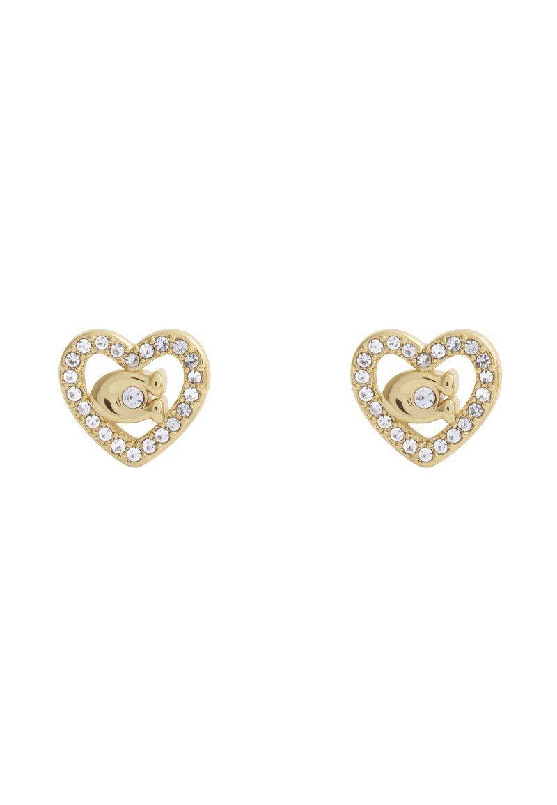 Gold heart-shaped earrings with a central stone and a border of clear rhinestones. Smooth finish with polished accents.