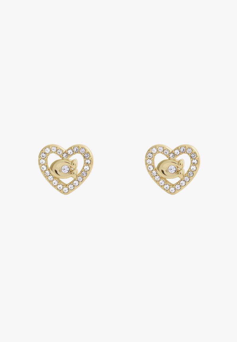 Gold heart-shaped earrings with a central stone and a border of clear rhinestones. Smooth finish with polished accents.