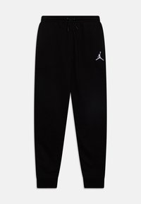 Schwarze Jogginghose aus weichem Stoff, mit einem Tunnelzugbund, gerippten Bündchen und einem weißen Jumpman-Logo auf der linken Seite.