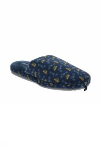 Zapatilla azul marino con material suave similar a la lana, con un diseño de bicicleta y la palabra "Ride". Parte trasera cerrada y suela acolchada para mayor comodidad.