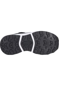 Svart gummisula med ett strukturerat greppmönster, upphöjd profil och en vit mellansula som accent. Designen är lämplig för utomhusbruk.