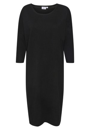 Schwarzes Strickkleid mit rundem Ausschnitt und dreiviertellangen Ärmeln. Hergestellt aus einem weichen, strukturierten Stoff mit lockerer Passform.