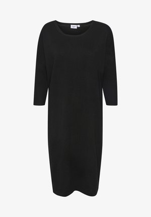 Zwarte trui-jurk met een ronde halslijn en driekwartmouwen. Gemaakt van een zachte, textuurstof met een relaxte pasvorm.