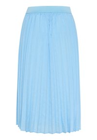 Vaaleansininen laskostettu hame, jossa on joustava vyötärö, valmistettu pehmeästä ja kevyestä kankaasta. Sisältää tavallisia laskoksia, jotka jatkuvat helmaan.