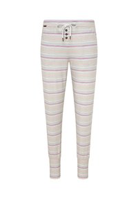 Pantalones ligeros a rayas en tonos de crema, azul y púrpura. Cuentan con una cintura con cordón, cierre de botón y puños ajustados.