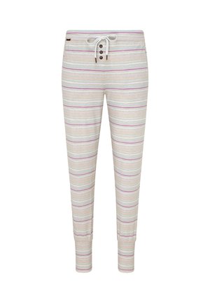 Pantalones ligeros a rayas en tonos de crema, azul y púrpura. Cuentan con una cintura con cordón, cierre de botón y puños ajustados.