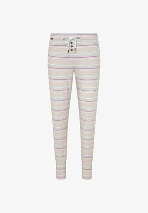 Lichte gestreepte broek in tinten van room, blauw en paars. Voorzien van een tailleband met trekkoord, knoopsluiting en taps toelopende boorden.