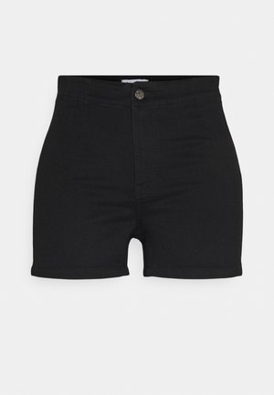Schwarze Denim-Shorts mit einem taillierten Design, hoher Taille, vorderem Knopfverschluss und minimalen Nähdetails. Geschmeidige, elastische Textur.