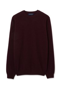 Maglione bordeaux girocollo realizzato in tessuto morbido, con maniche lunghe e polsini a costine. L'etichetta interna riporta la scritta "PIOMBO".