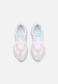 Sporty sneakers featuring a white mesh upper, pink and teal accents, grey suede details, and white laces with a green rubber sole.